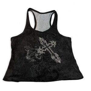 Black & grey rhinestone cross tank top